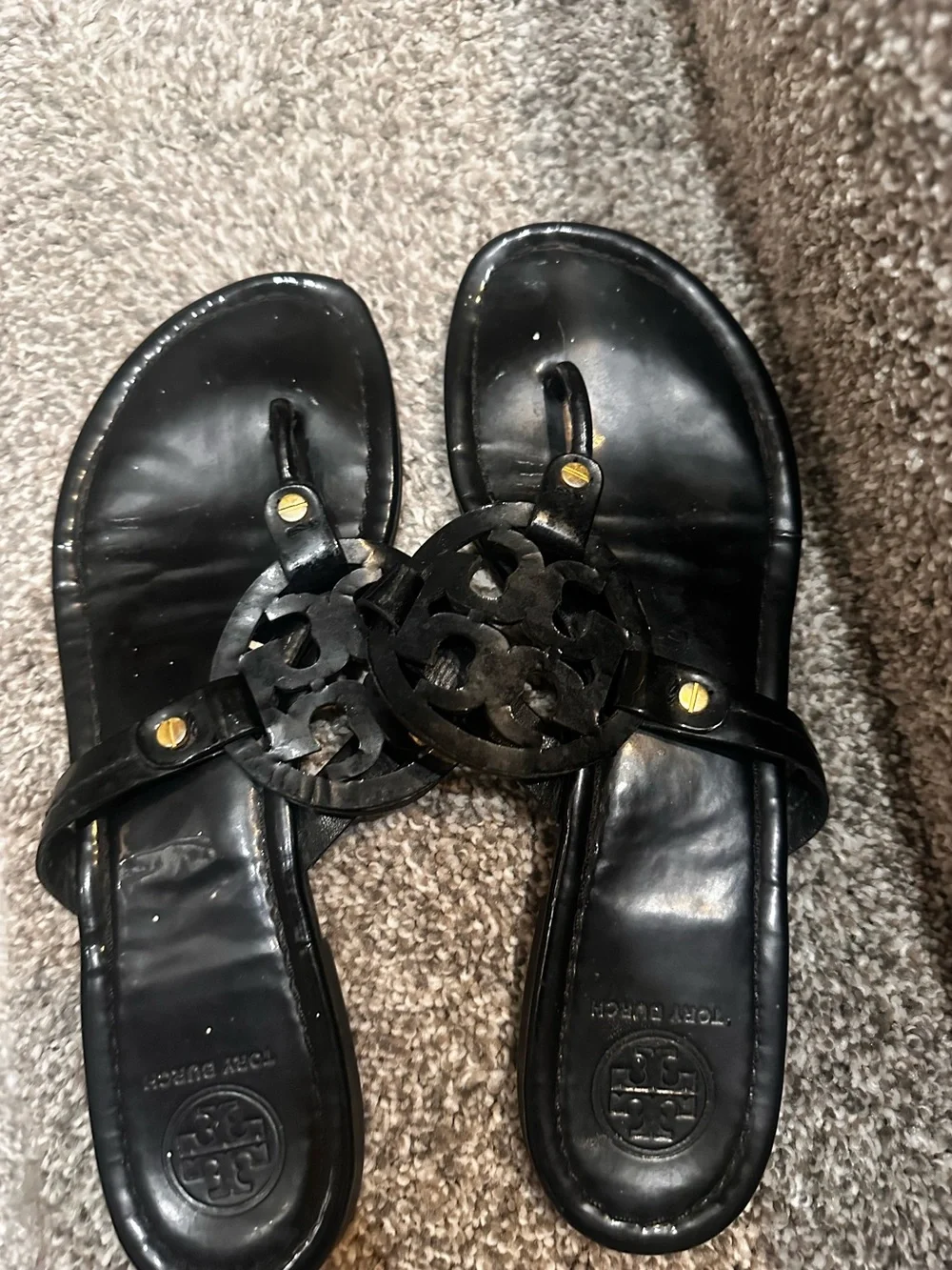 Tory Burch Black Patent Logo-Disc Slide Sandals